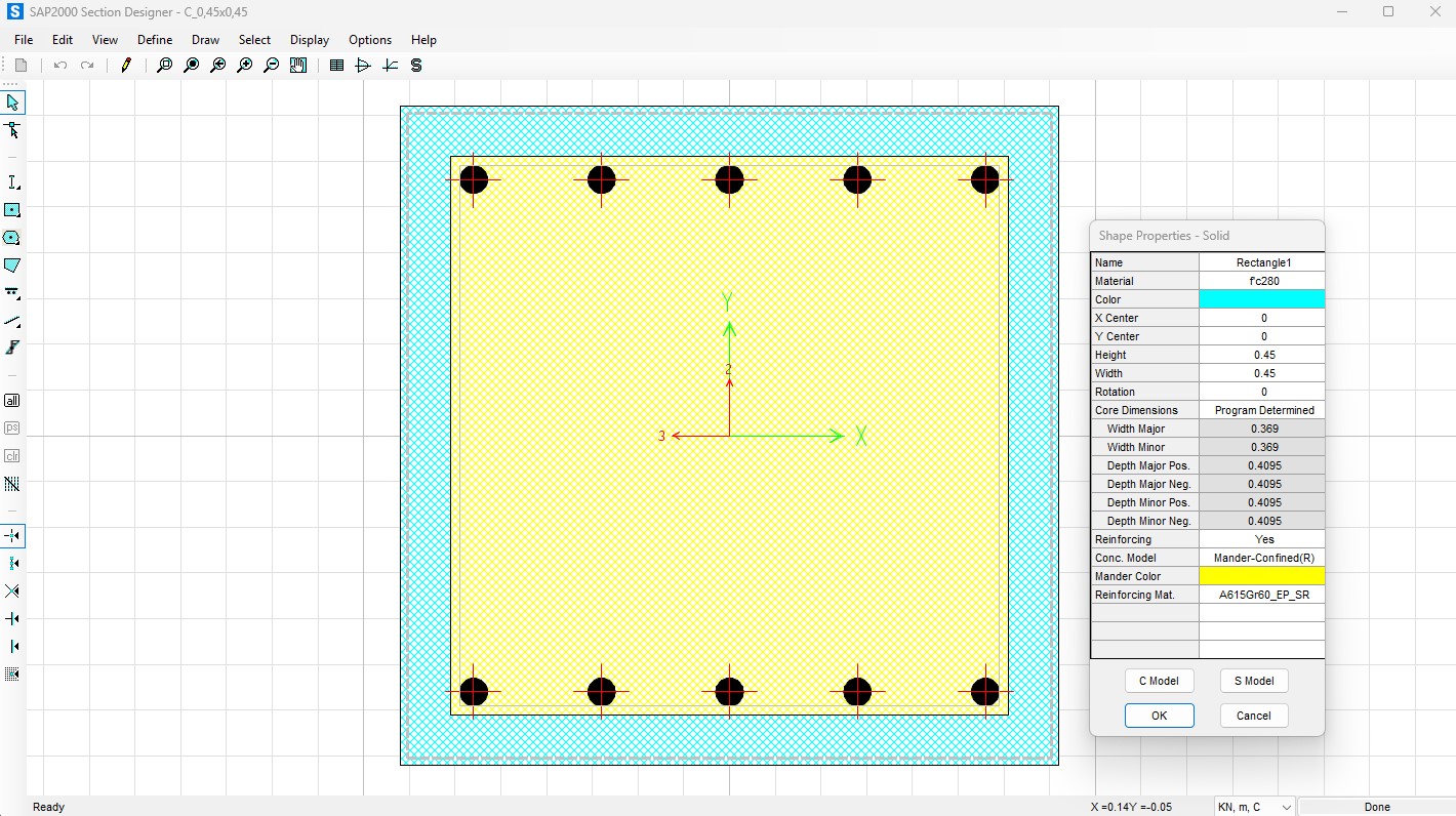 Definición de sección con concreto confinado en Section Designer.