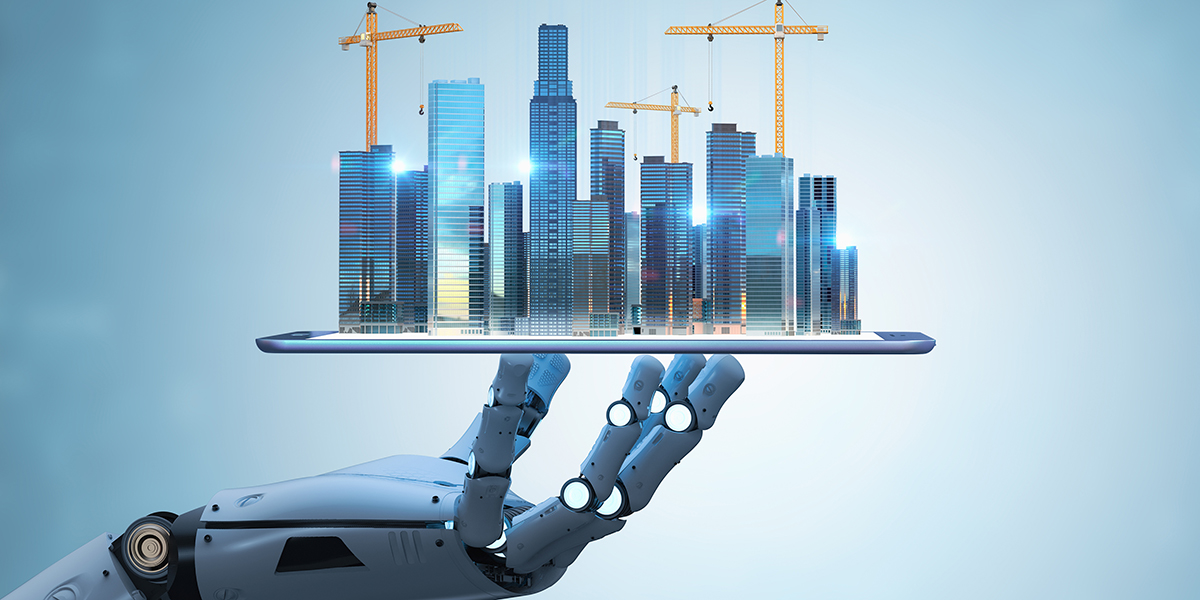 Smart city with 3d rendering robot with development city