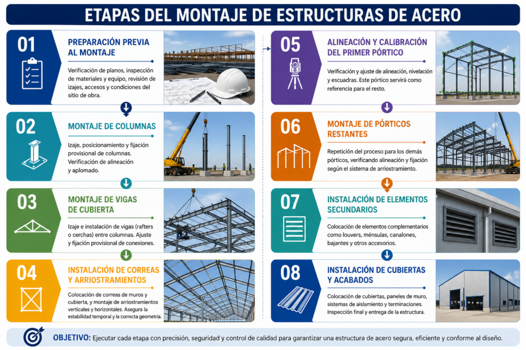 Fig. 2 – Ejemplo de las Etapas del Montaje de una Estructura de Acero tipo Nave Industrial